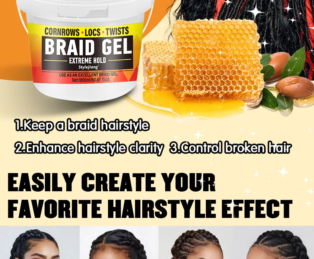 Cire coiffante pour tresses, contrôle des bords, tenue forte longue durée, grand pot anti-frisottis non gras
