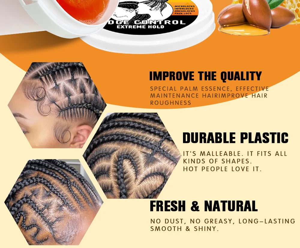 Cire coiffante pour tresses, contrôle des bords, tenue forte longue durée, grand pot anti-frisottis non gras